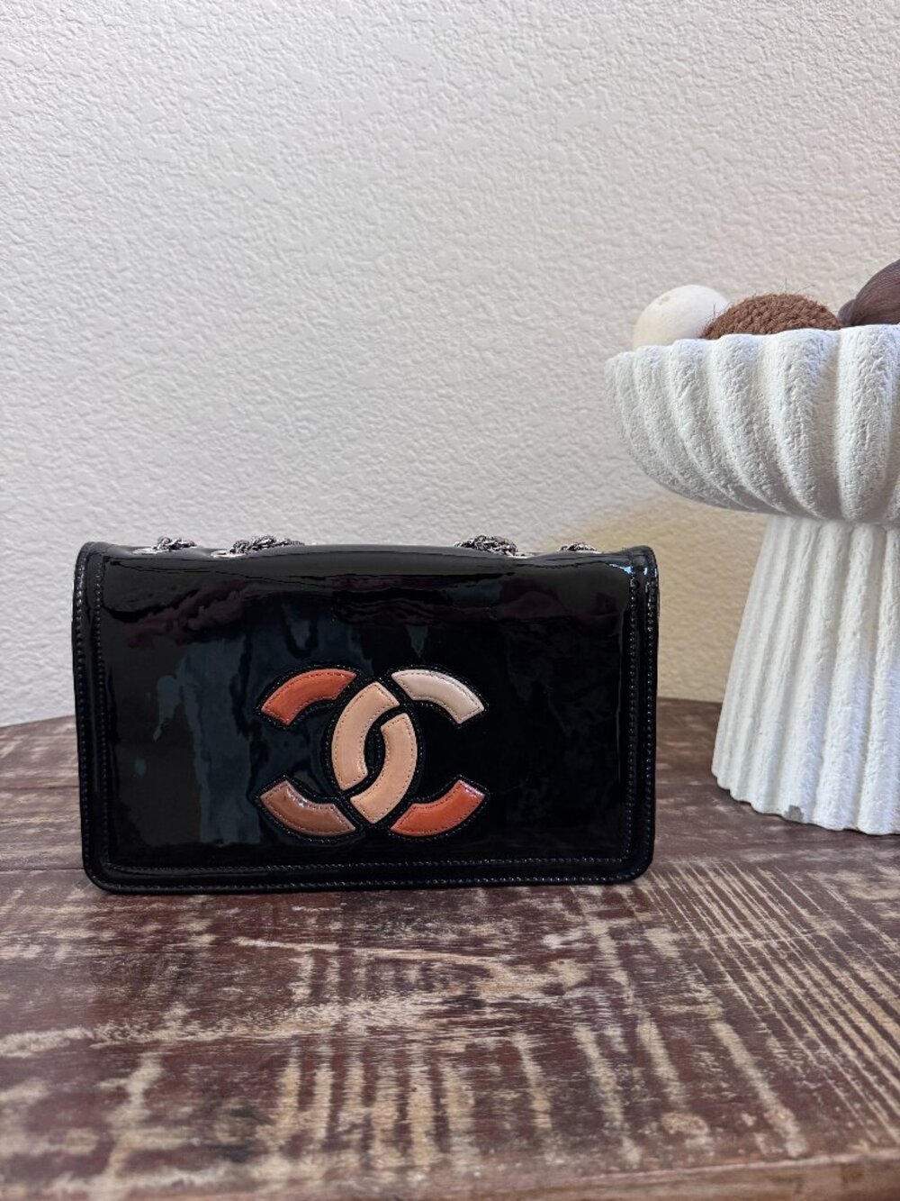 Chanel Black Patent Leather Multicolor CC Crossbody Bag + COA